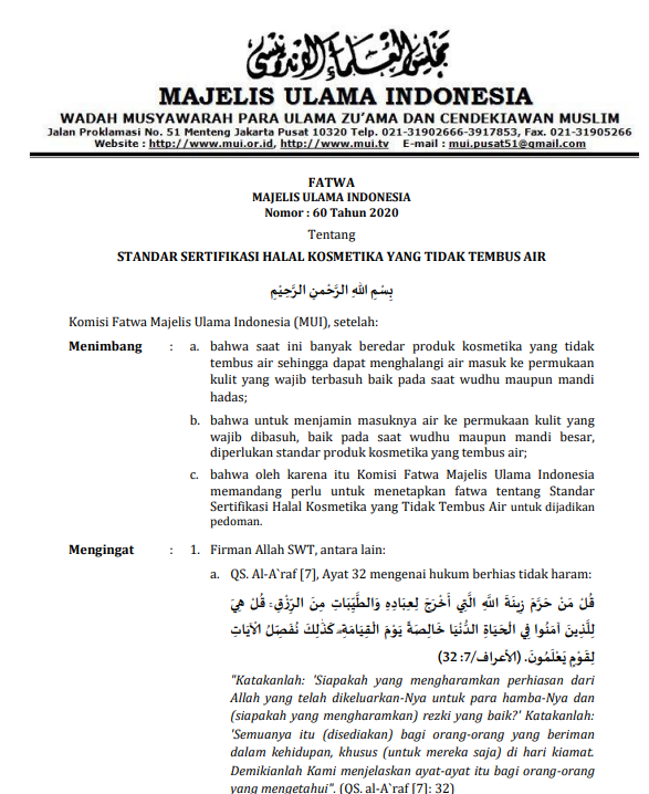 STANDAR SERTIFIKASI HALAL KOSMETIKA YANG TIDAK TEMBUS AIR