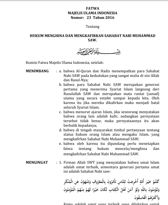 HUKUM MENGHINA DAN  MENGKAFIRKAN SAHABAT NABI MUHAMMAD SAW