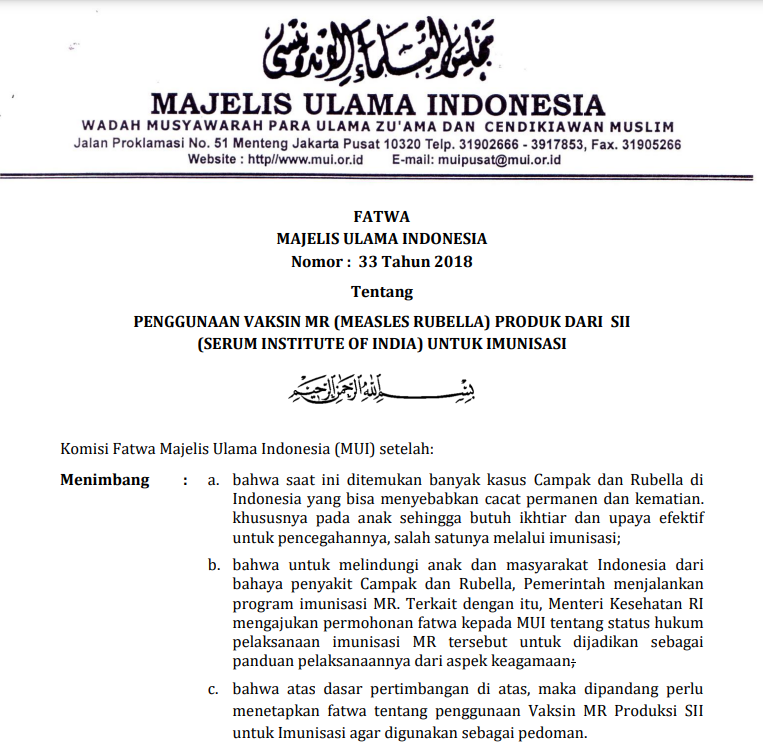 PENGGUNAAN VAKSIN MR (MEASLES RUBELLA) PRODUK SARI SII (SERUM INSTITUTE OF INDIA) UNTUK IMUNIASASI