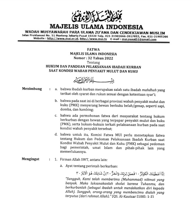 HUKUM DAN PANDUAN PELAKSANAAN IBADAH KURBAN SAAT KONDISI WABAH PENYAKIT MULUT DAN KUKU