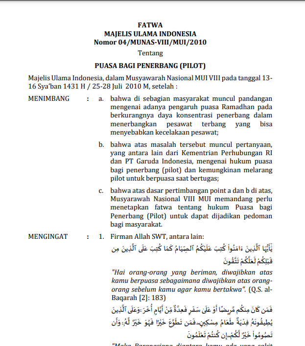 PUASA BAGI  PENERBANG (PILOT)
