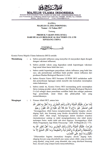 PRODUK VAKSIN INFLUENZA DARI  HUALAN BIOLOGICAL BACTERIN CO LTD XINXIANG CINA