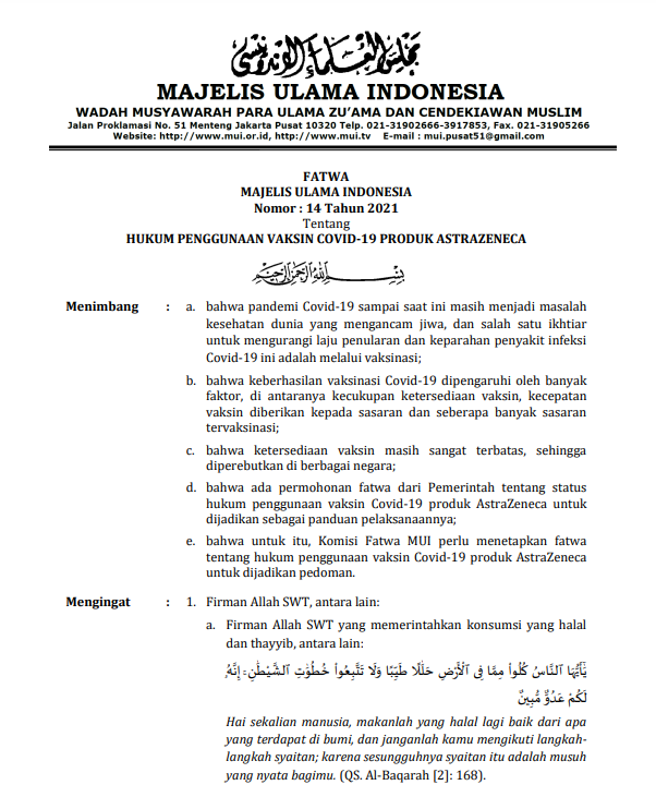 HUKUM MENGGUNAKAN VAKSIN COVID-19 PRODUK ASTRAZANECA