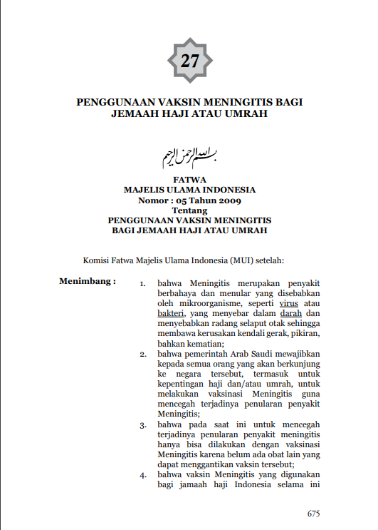 PENGGUNAAN VAKSIN MENINGITIS BAGI JEMAAH HAJI ATAU UMRAH