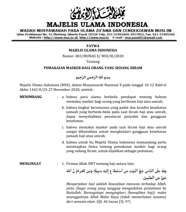 PEMAKAIAN MASKER BAGI ORANG YANG SEDANG IHRAM