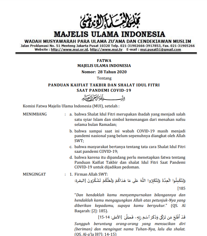 PANDUAN KAIFIAT TAKBIR DAN SHALAT IDUL FITRI SAAT PANDEMI COVID-19