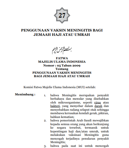 Penggunaan Vaksin Meningitis bagi jamaah haji atau umroh