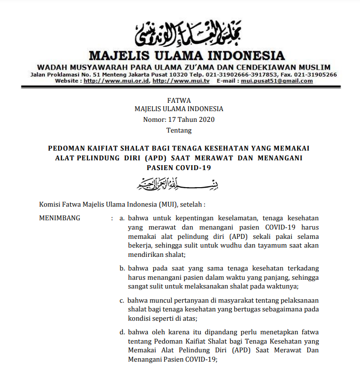 PEDOMAN KAIFIAT SHALAT BAGI TENAGA KESEHATAN YANG MEMAKAI ALAT PELINDUNG DIRI (APD) SAAT MERAWAT DAN MENANGANI PASIEN COVID-19