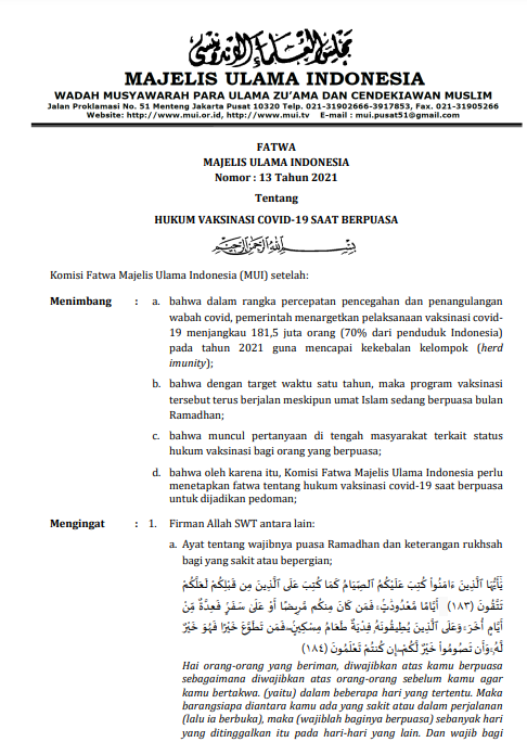 HUKUM VAKSINASI COVID-19 SAAT BERPUASA
