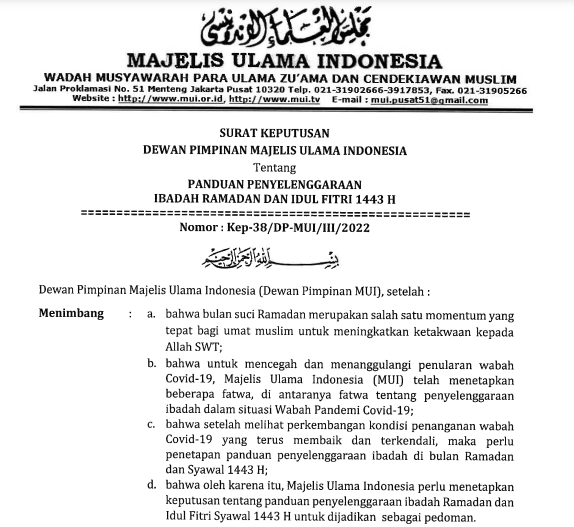 PANDUAN PENYELENGGARAAN IBADAH RAMADHAN DAN IDUL FITRI 1443 H
