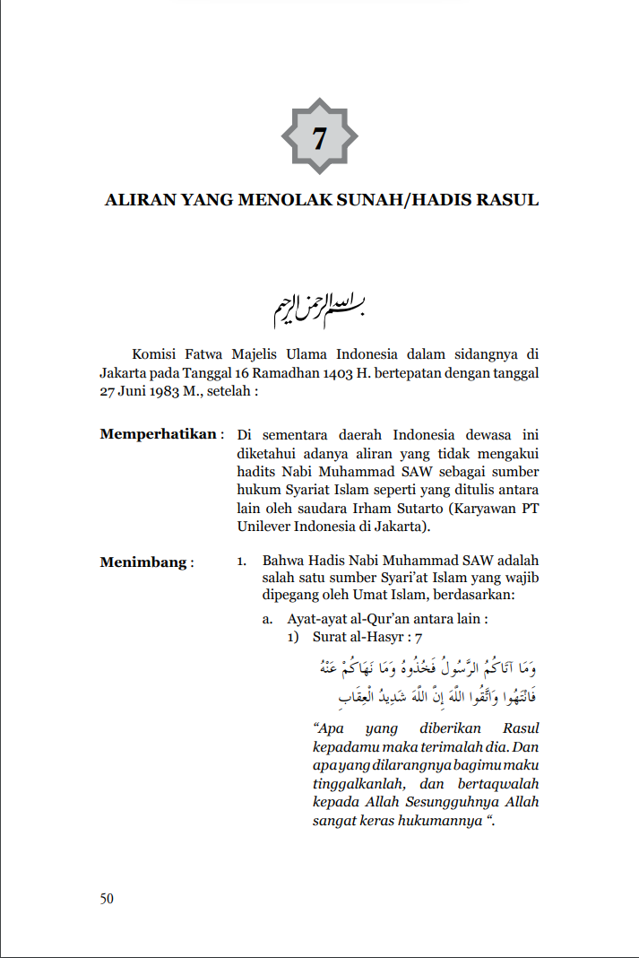 ALIRAN YANG MENOLAK SUNAH/HADIS RASUL