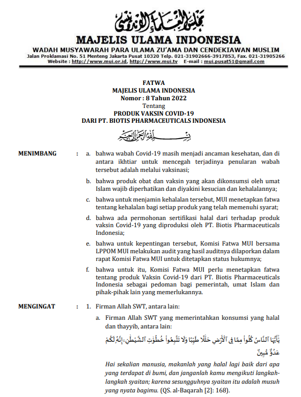 PRODUK VAKSIN COVID-19 DARI PT. BIOTIS PHARMACEUTICALS INDONESIA