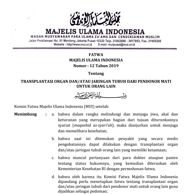 TRANSPLANTASI ORGAN DAN ATAU / JARINGAN TUBUH DARI PENDONOR MATI UNTUK ORANG LAIN