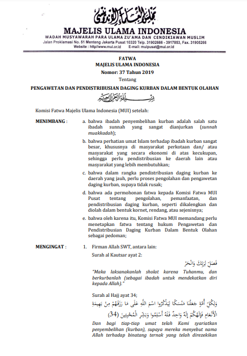 PENGAWETAN DAN PENDRISTIBUSIAN DAGING KURBAN DALAM BENTUK OLAHAN