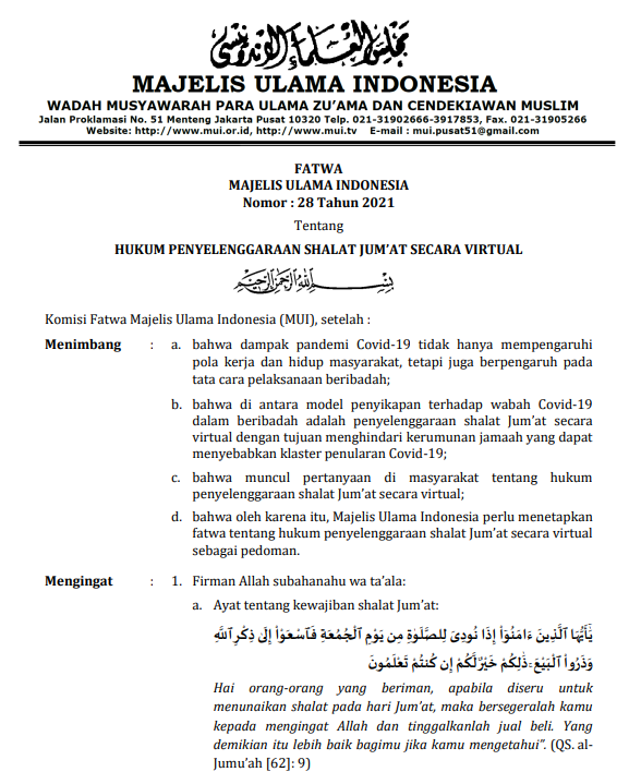 HUKUM PENYELENGGARAAN SHALAT JUM’AT SECARA VIRTUAL