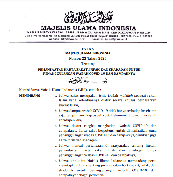PEMANFAATAN HARTA ZAKAT, INFAQ, SHADAQAH UNTUK PENANGGULANGAN WABAH COVID-19 DAN DAMPAKNYA