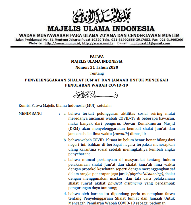 PENYELENGGARAAN SHALAT JUM’AT DAN JAMAAH UNTUK MENCEGAH PENULARAN WABAH COVID-19