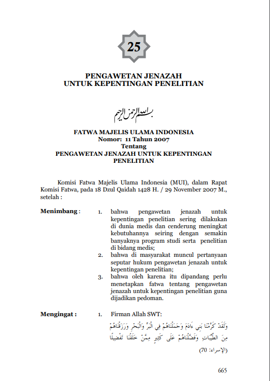 PENGAWETAN JENAZAH UNTUK  KEPENTINGAN PENELITIAN