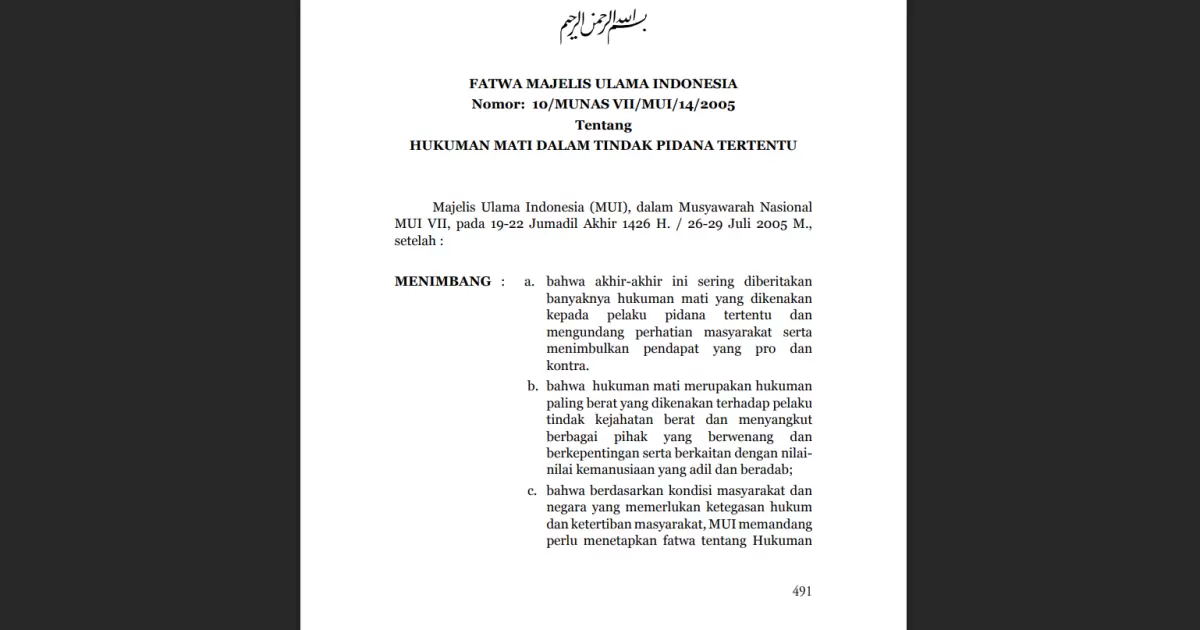 Telaah Fatwa MUI Nomor 10 Tahun 2005 tentang Hukuman Mati dan Relevansinya terhadap Tindak Pidana Korupsi