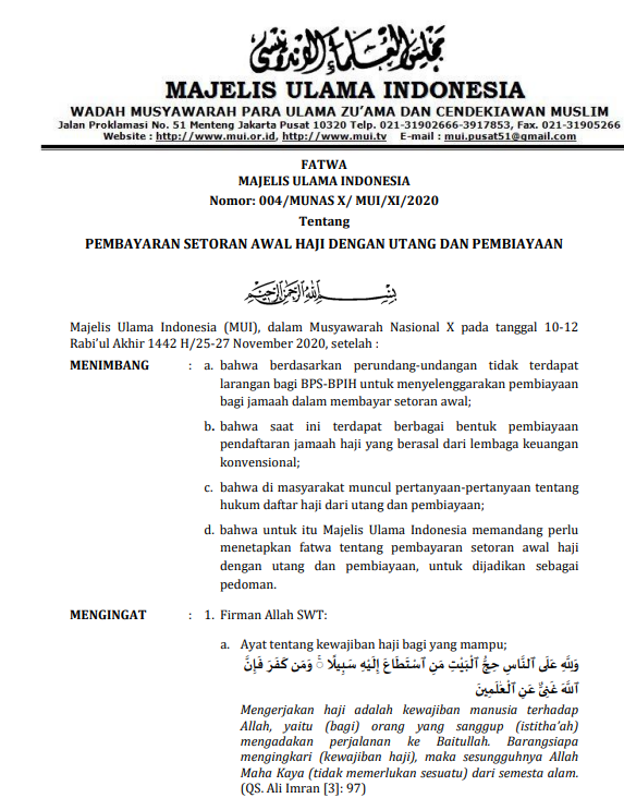 PEMBAYARAN SETORAN AWAL HAJI DENGAN UTANG DAN PEMBIAYAAN