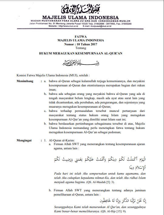 HUKUM MERAGUKAN KESEMPURNAAN AL-QURAN