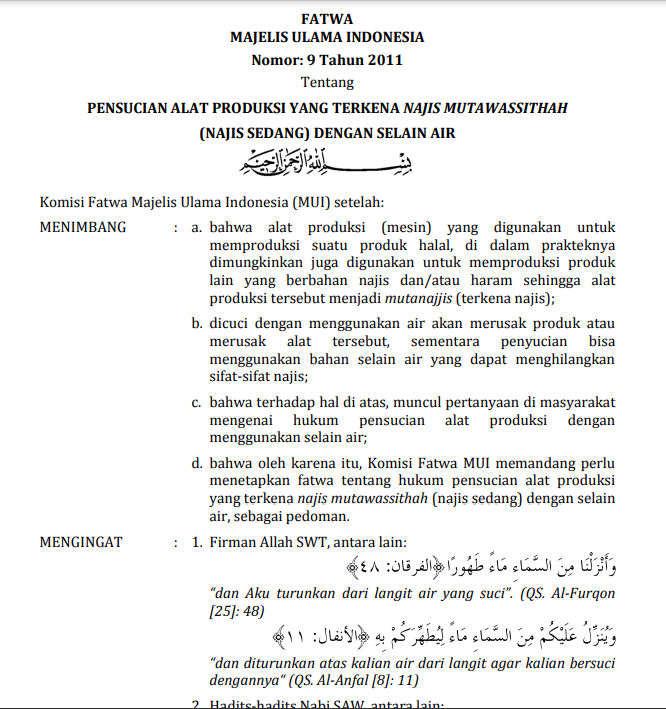 PENSUCIAN ALAT  PRODUKSI YANG TERKENA NAJIS MUTAWASSITHAH (NAJIS SEDANG ) DENGAN SELAIN AIR