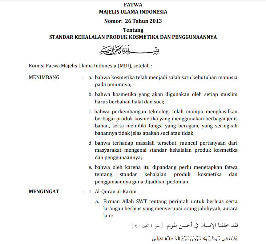 STANDAR KEHALALAN PRODUK KOSMETIKA DAN PENGGUNAANNYA