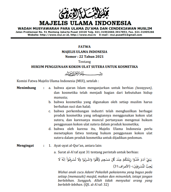 HUKUM PENGGUNAAN KOKON ULAT SUTERA UNTUK KOSMETIKA