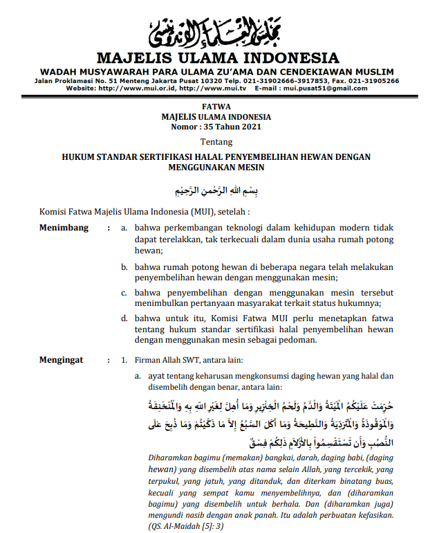 HUKUM STANDAR SERTIFIKASI HALAL PENYEMBELIHAN HEWAN DENGAN MENGGUNAKAN MESIN