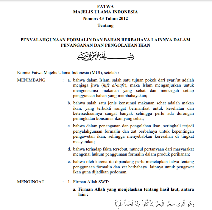 PENYALAHGUNAAN FORMALIN  DAN BAHAN BERBAHAYA LAINNYA DALAM PENANGANAN DAN PENGOLAHAN IKAN