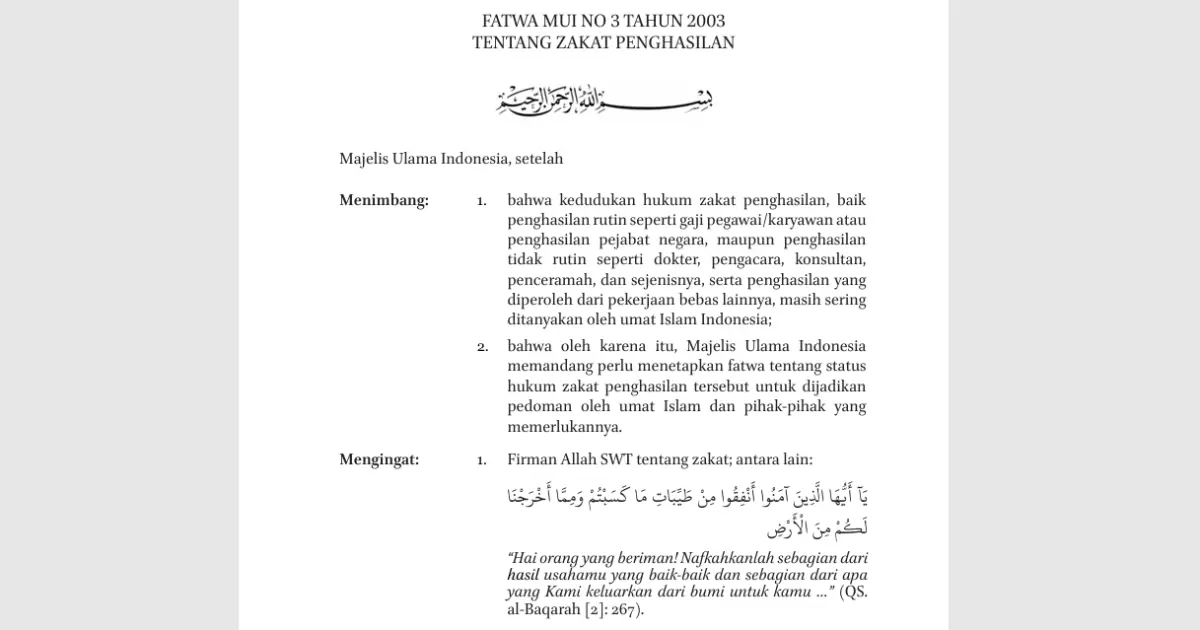 Zakat Penghasilan bagi Pegawai dan Tenaga Profesional dalam Fatwa MUI Nomor 3 Tahun 2003