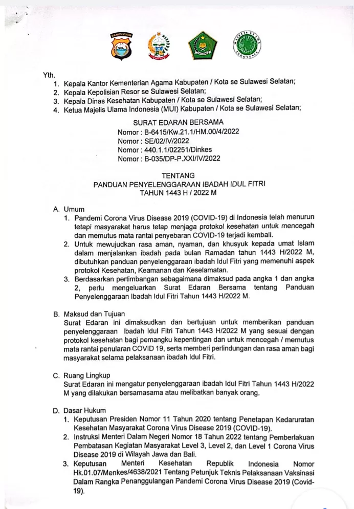 Ini Surat Edaran Bersama Panduan Penyelenggaraan Idulfitri 1443 H