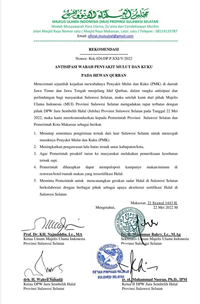 Ini Surat Rekomendasi MUI Sulsel Antisipasi Penyakit Mulut dan Kuku Hewan Kurban