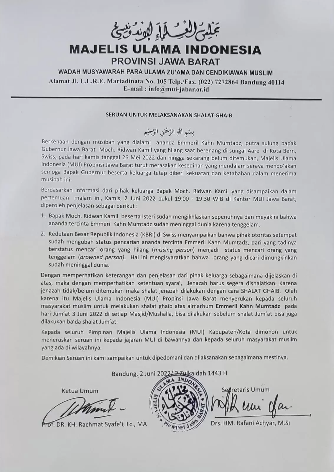 Jumat Ini, MUI Jabar Ajak Shalat Gaib untuk Putra Ridwan Kamil