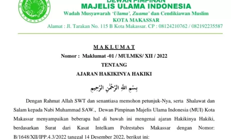 MUI Kota Makassar Nyatakan Kesesatan Aliran Hakikinya Hakiki
