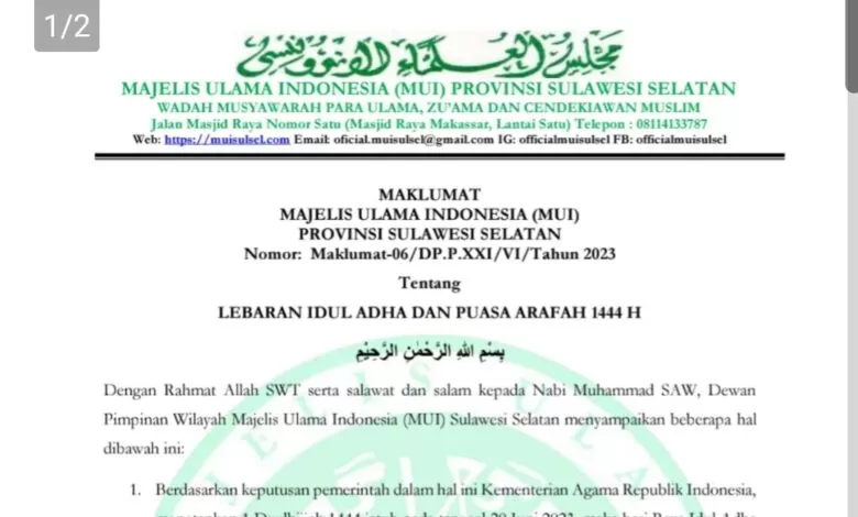 MUI Sulsel Rilis Maklumat Idul Adha dan Puasa Arafah, Ini Isinya